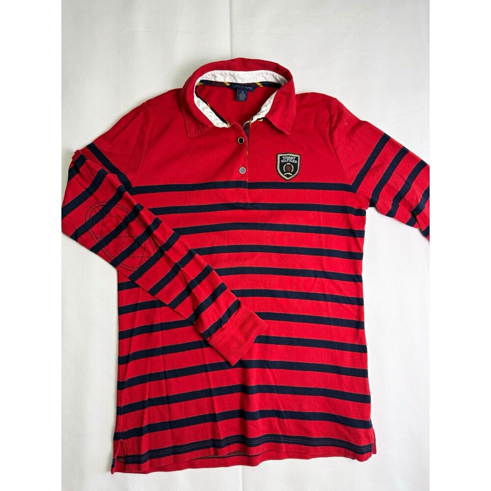 Tommy Hilfiger Women's M Red Navy Striped Long Sleeve Polo Collared Button Logo